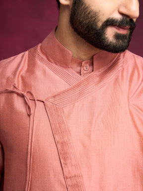 Straight kurta layered with asymmetrical jacket Set-Rose brown
