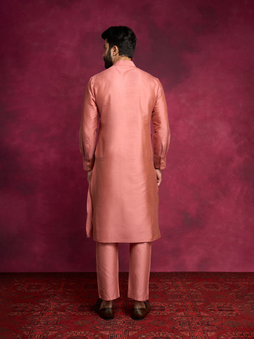 Straight kurta layered with asymmetrical jacket Set-Rose brown