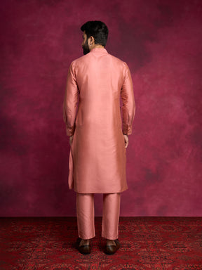 Straight kurta layered with asymmetrical jacket Set-Rose brown