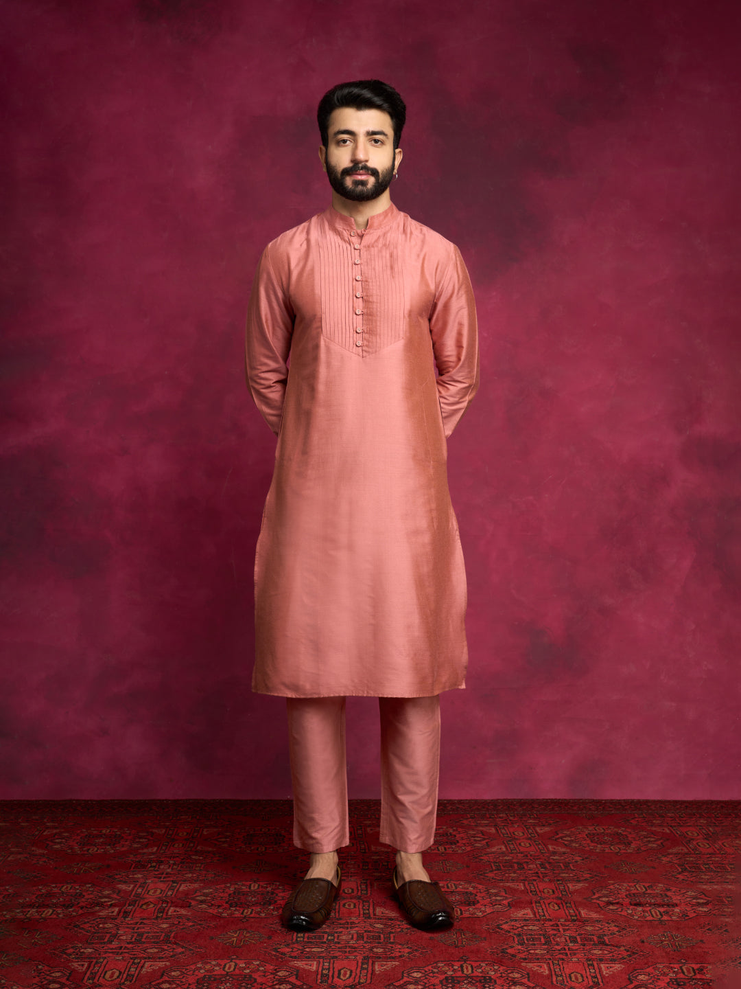 Pleated neck yoke straight kurta Set- Rose brown