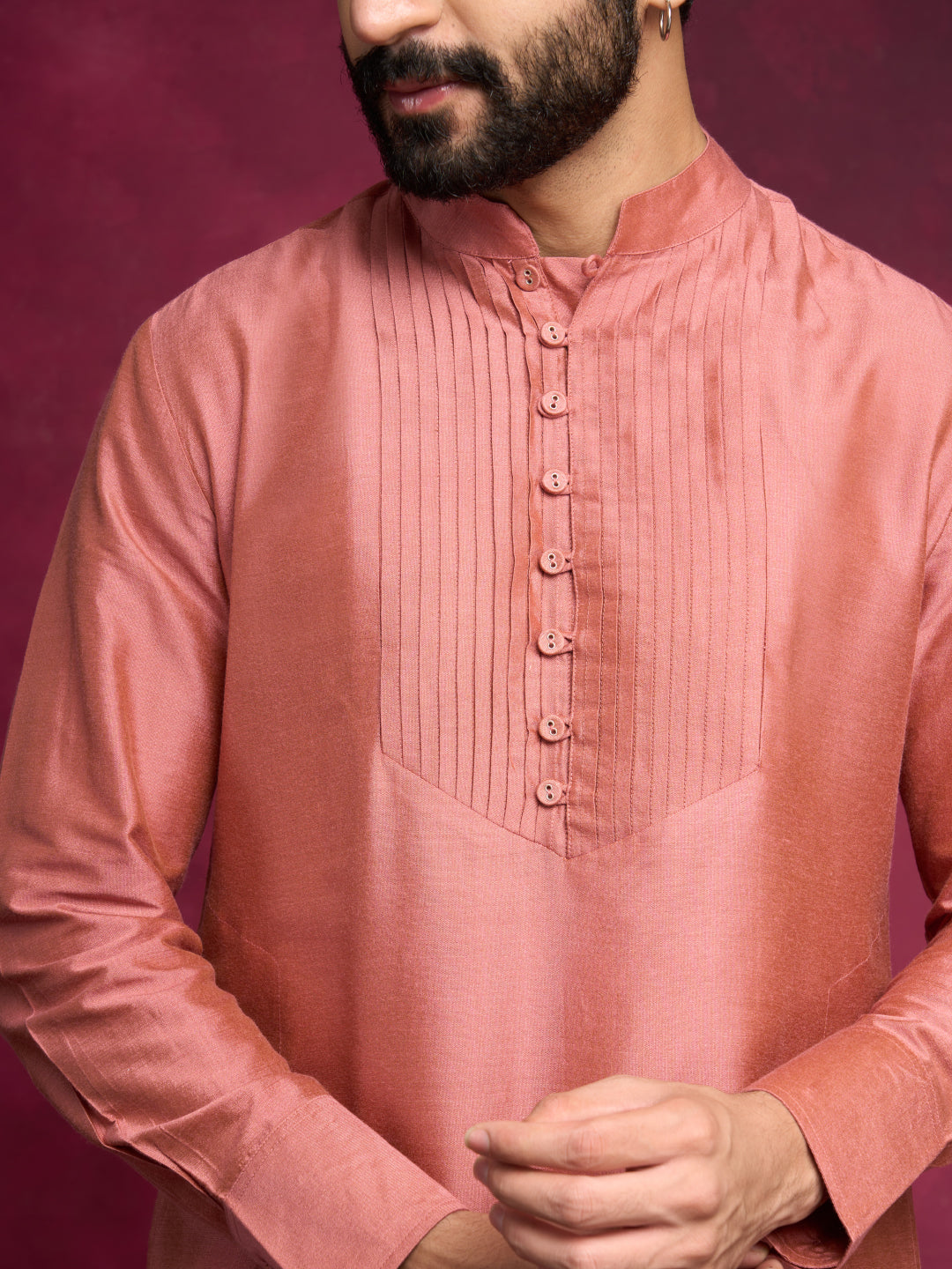 Pleated neck yoke straight kurta Set- Rose brown