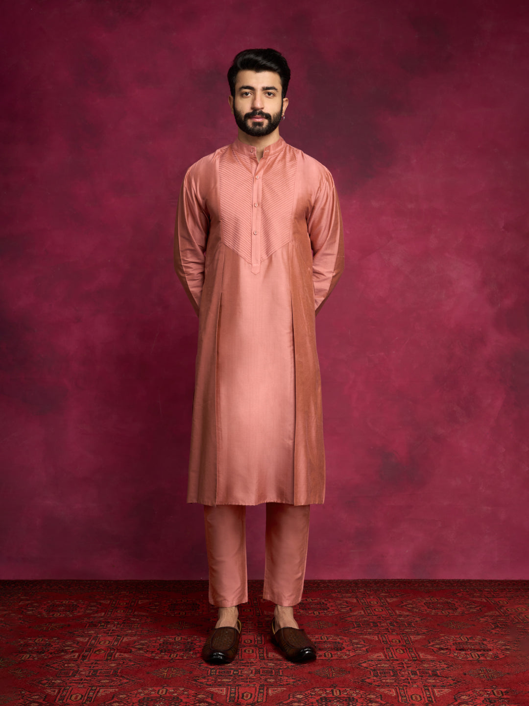 Pintuck neck yoke side panel kurta- Rose brown