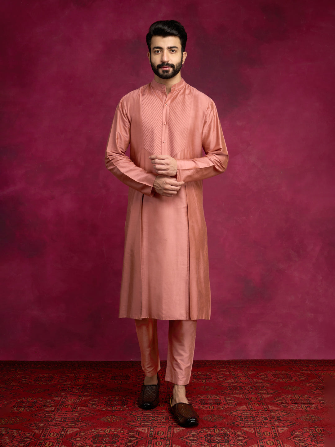 Pintuck neck yoke side panel kurta Set - Rose brown