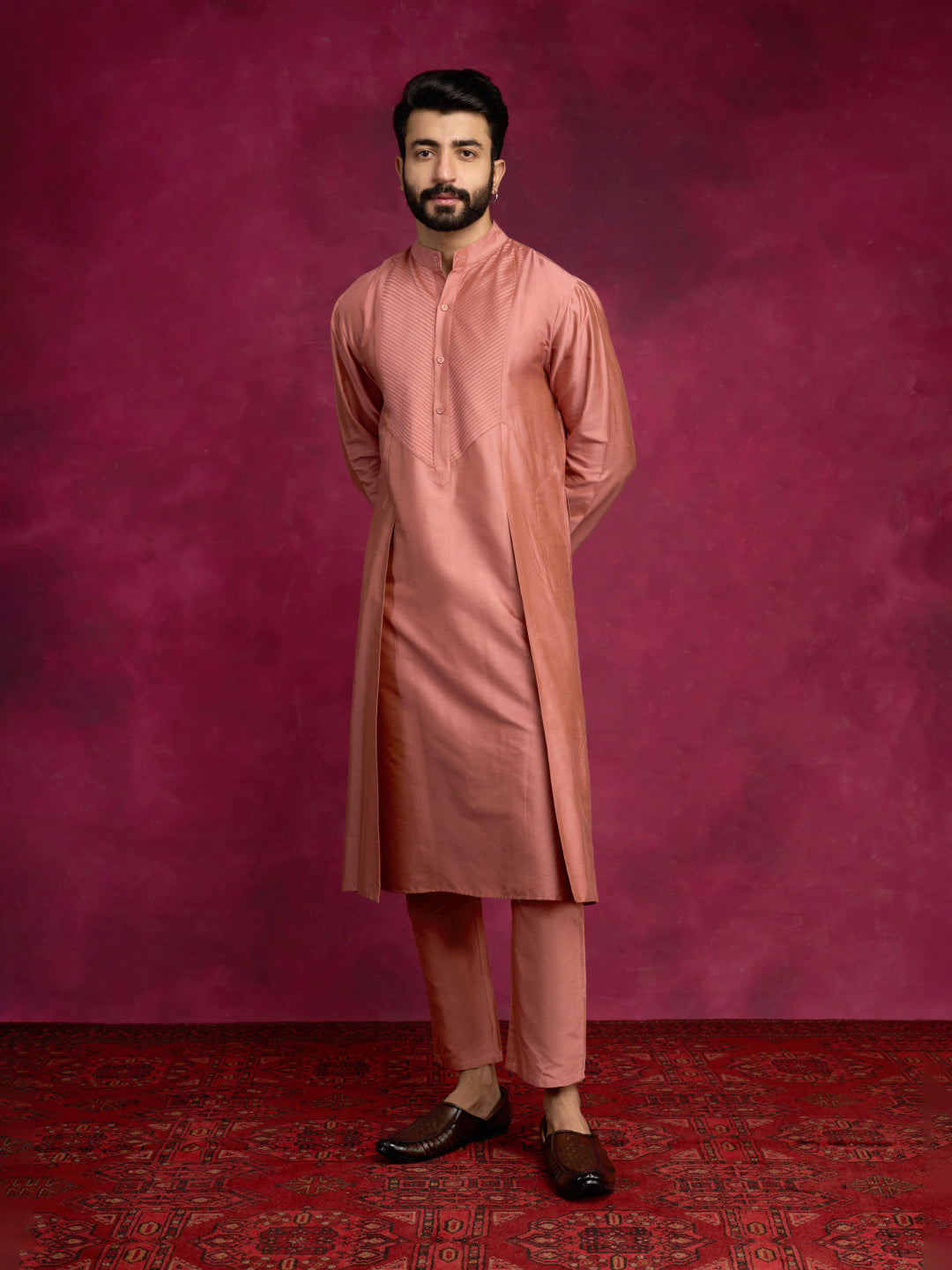 Pintuck neck yoke side panel kurta- Rose brown