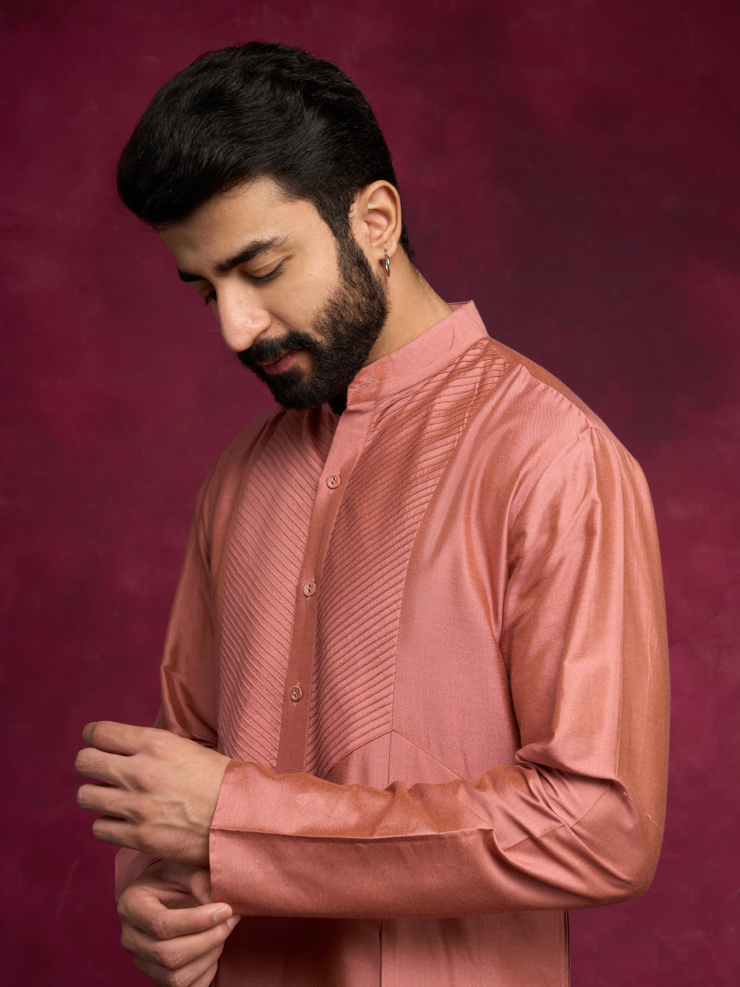 Pintuck neck yoke side panel kurta Set - Rose brown