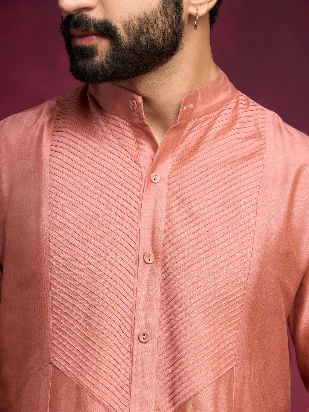 Pintuck neck yoke side panel kurta- Rose brown