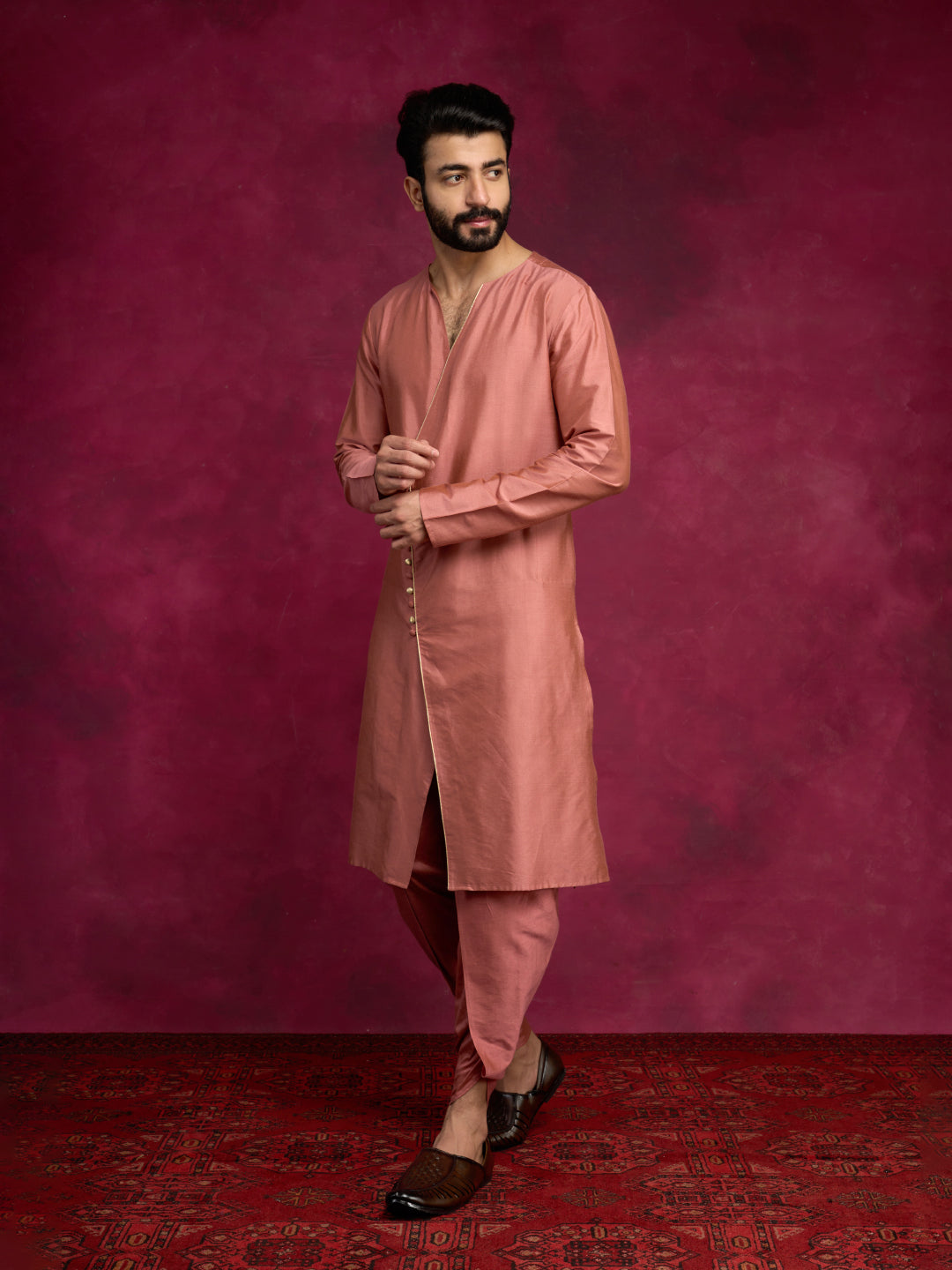 V-neck overlapped kurta Set - Rose brown