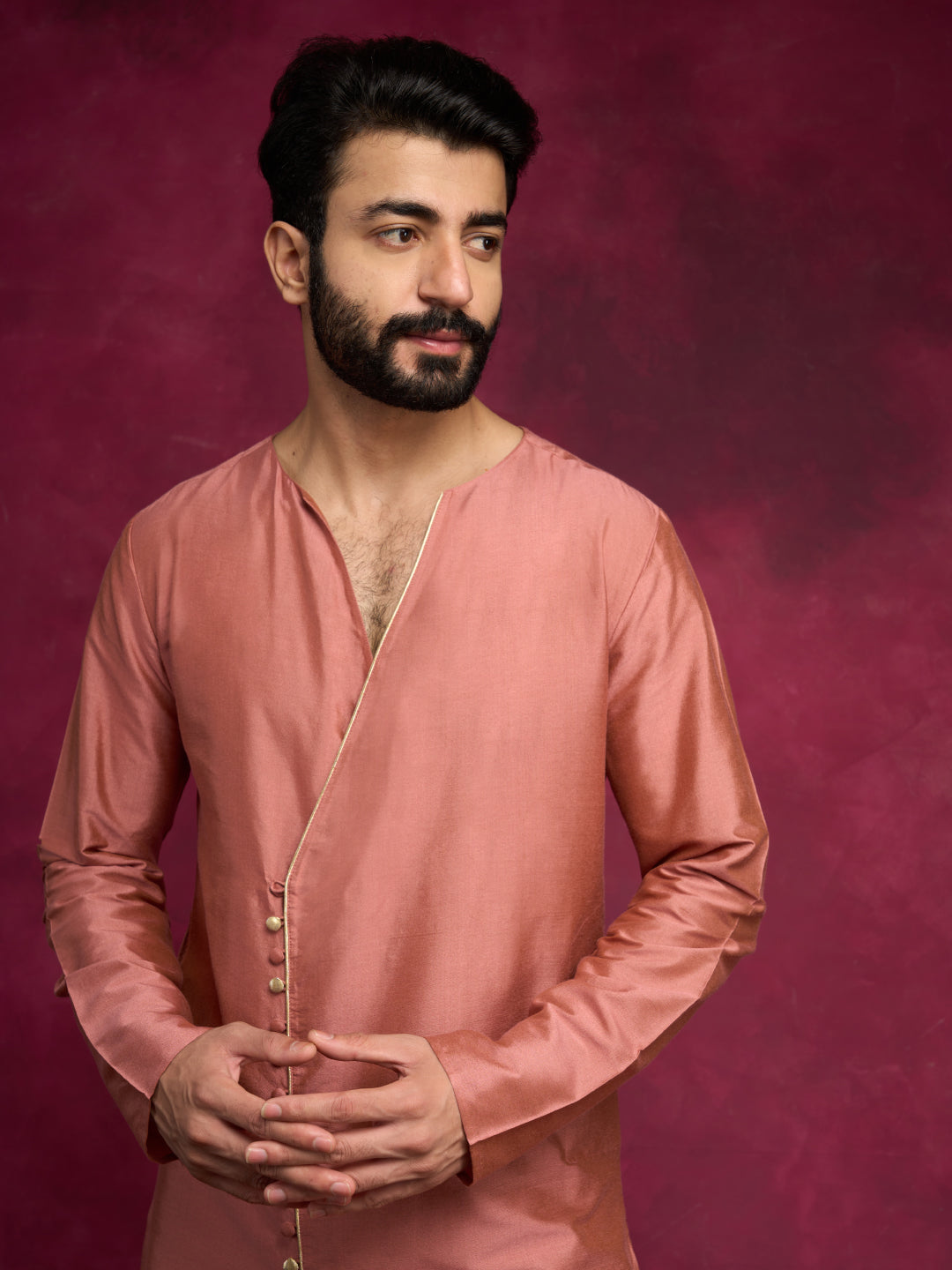 V-neck overlapped kurta Set - Rose brown