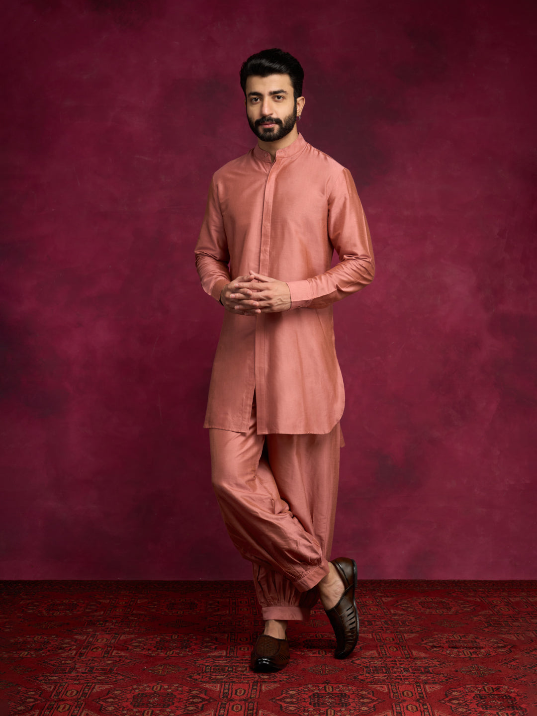 High-low hem kurta paired with pathani pants - Rose brown