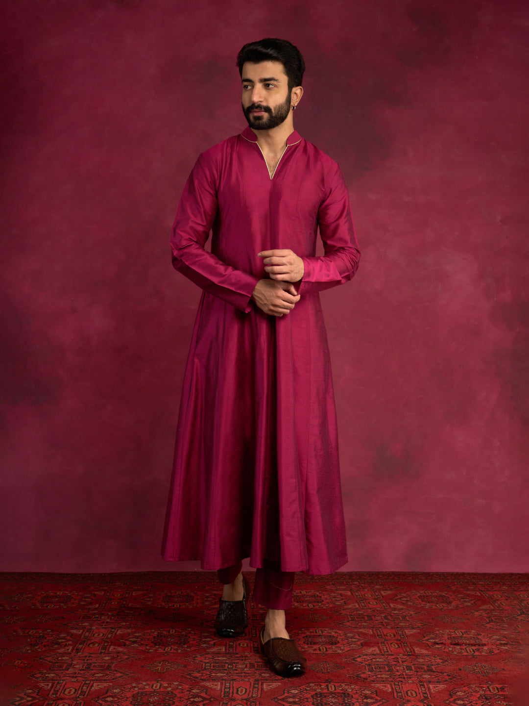 Paneled Anarkali kurta paired with  straight pants- Cabaret Pink