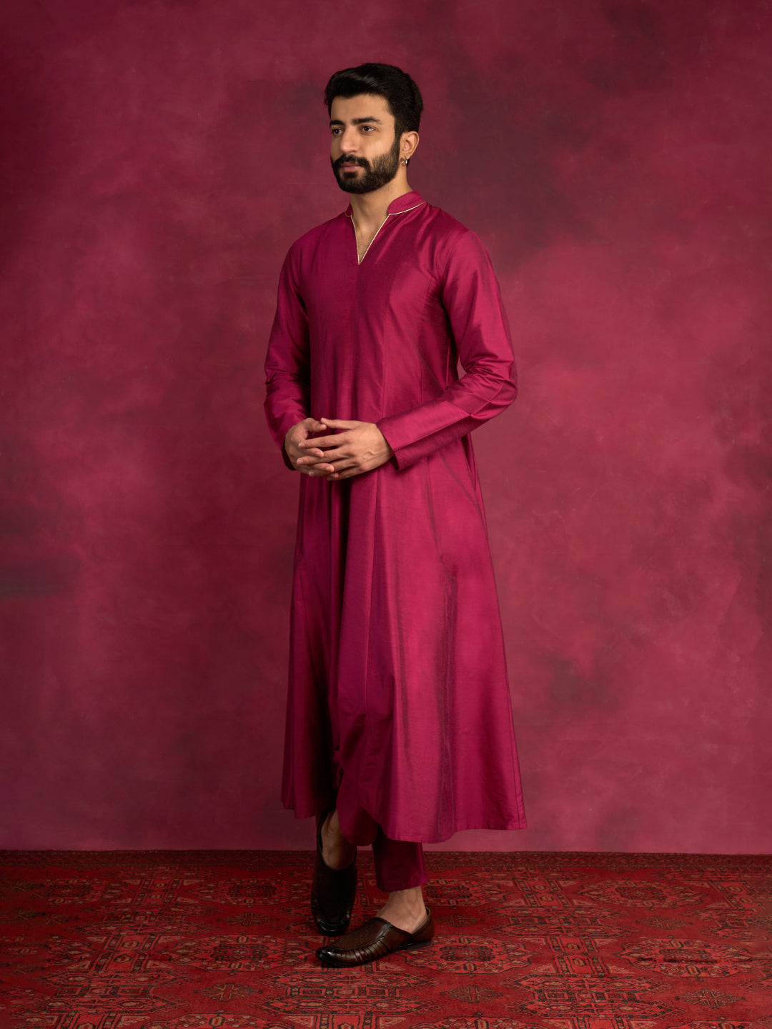 Paneled Anarkali kurta paired with  straight pants- Cabaret Pink
