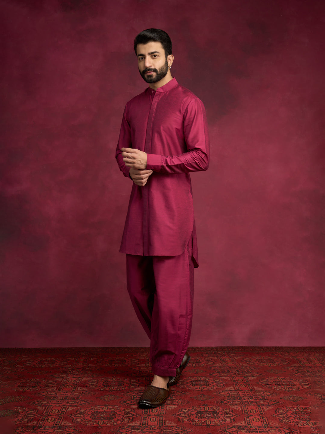 High-low hem kurta paired with matching pathani pants - Cabaret pink