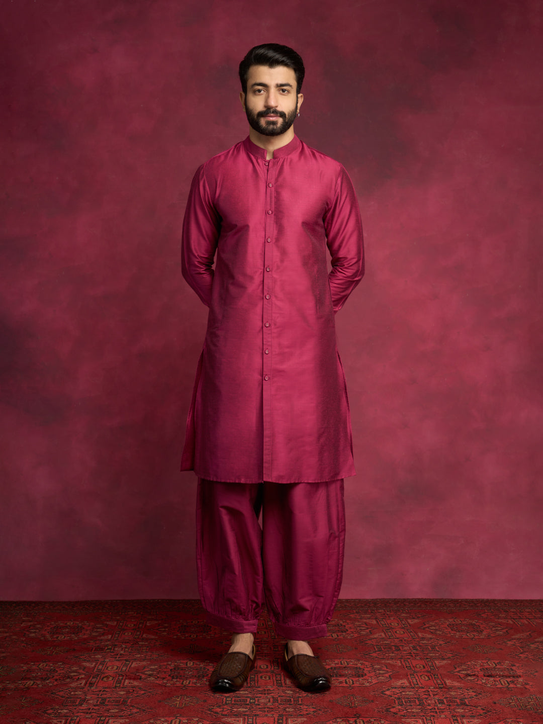 Buttoned down kurta paired with pathani pants - Cabaret Pink