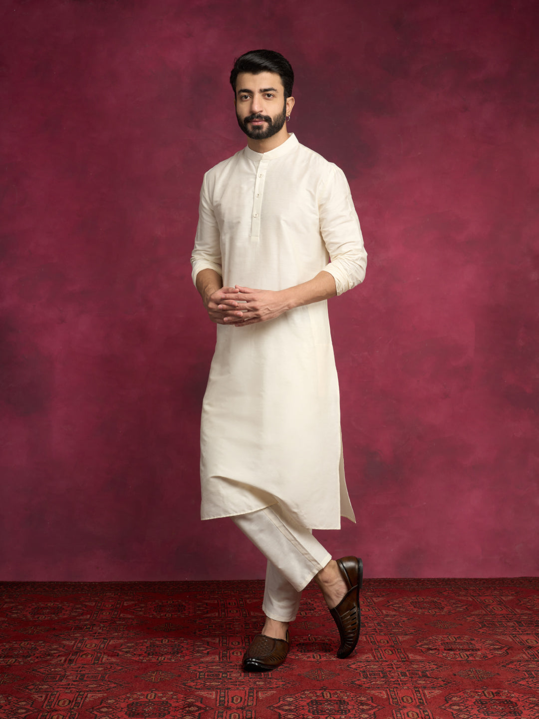 Mandarin collar Straight kurta Set - Ivory