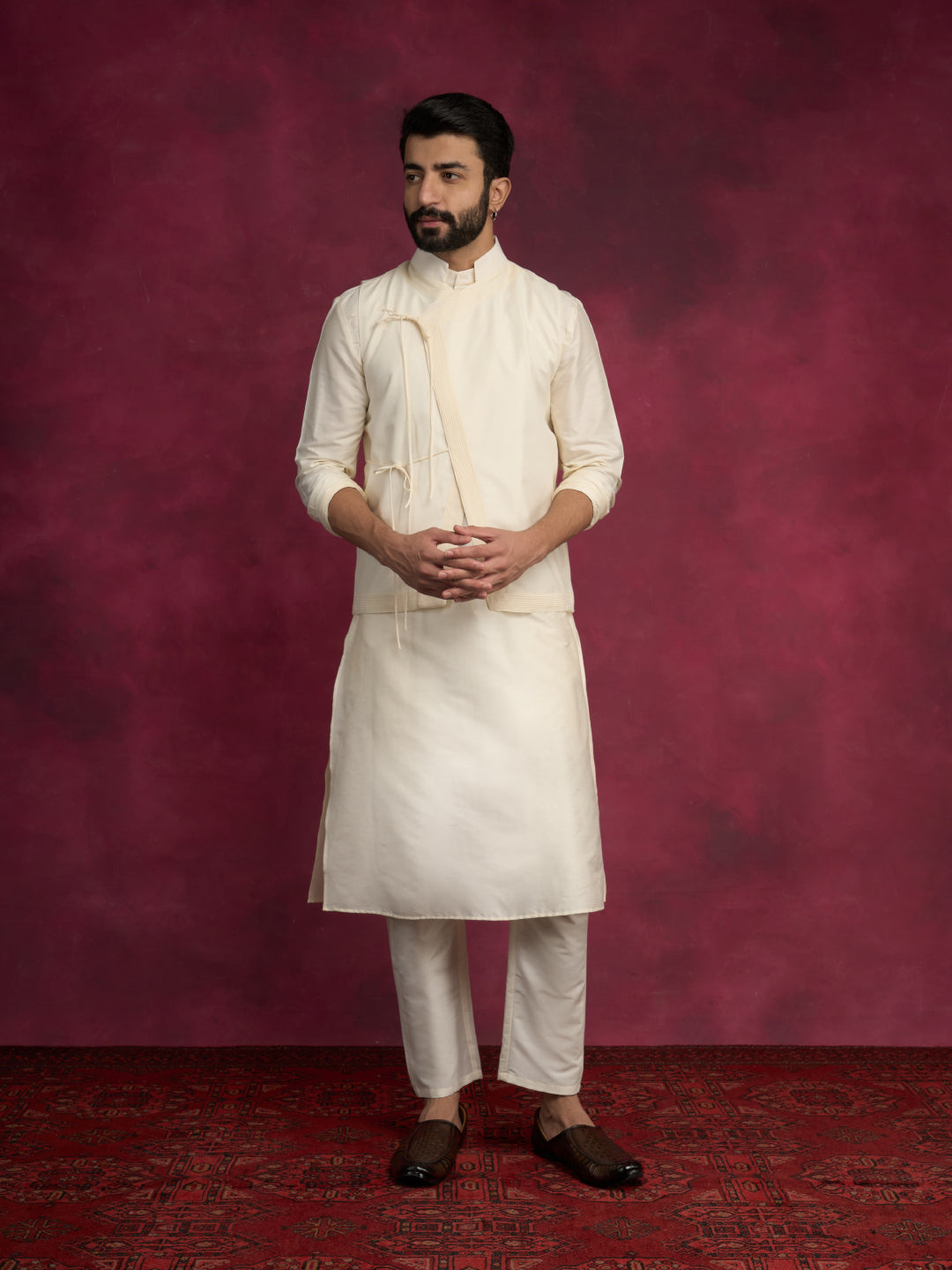 Straight kurta layered with asymmetrical jacket paired with straight pants-Ivory