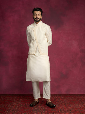 Straight kurta layered with asymmetrical jacket Set-Ivory