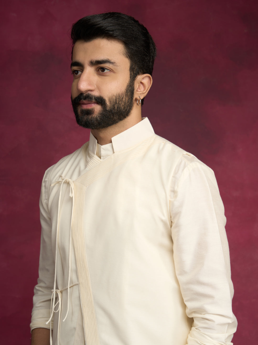 Straight kurta layered with asymmetrical jacket paired with straight pants-Ivory