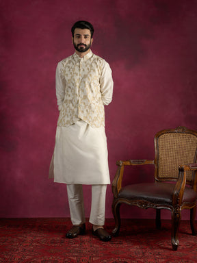Straight kurta layered with Zari baswada jacket Set - Ivory