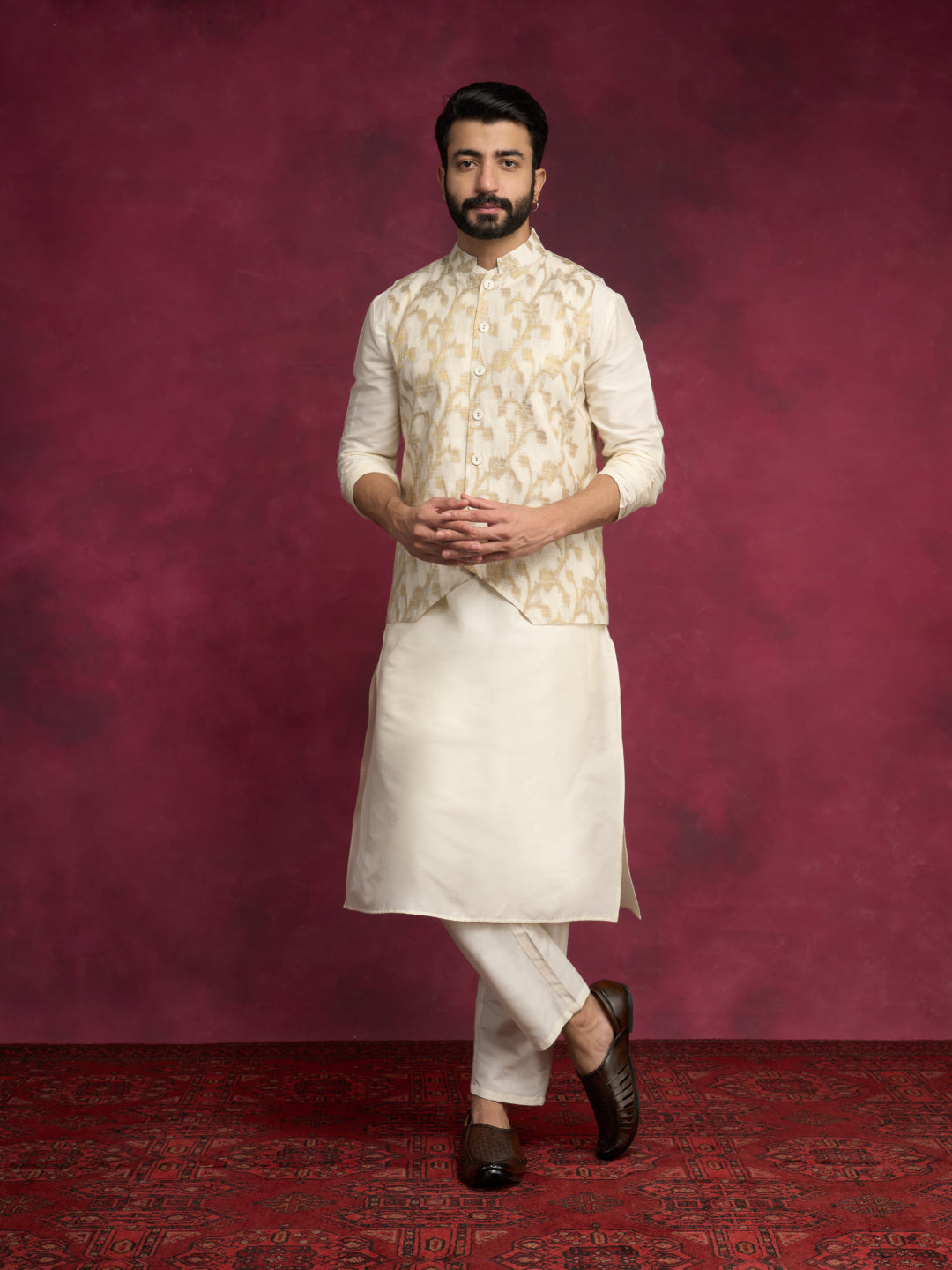 Straight kurta layered with Zari baswada jacket Set - Ivory
