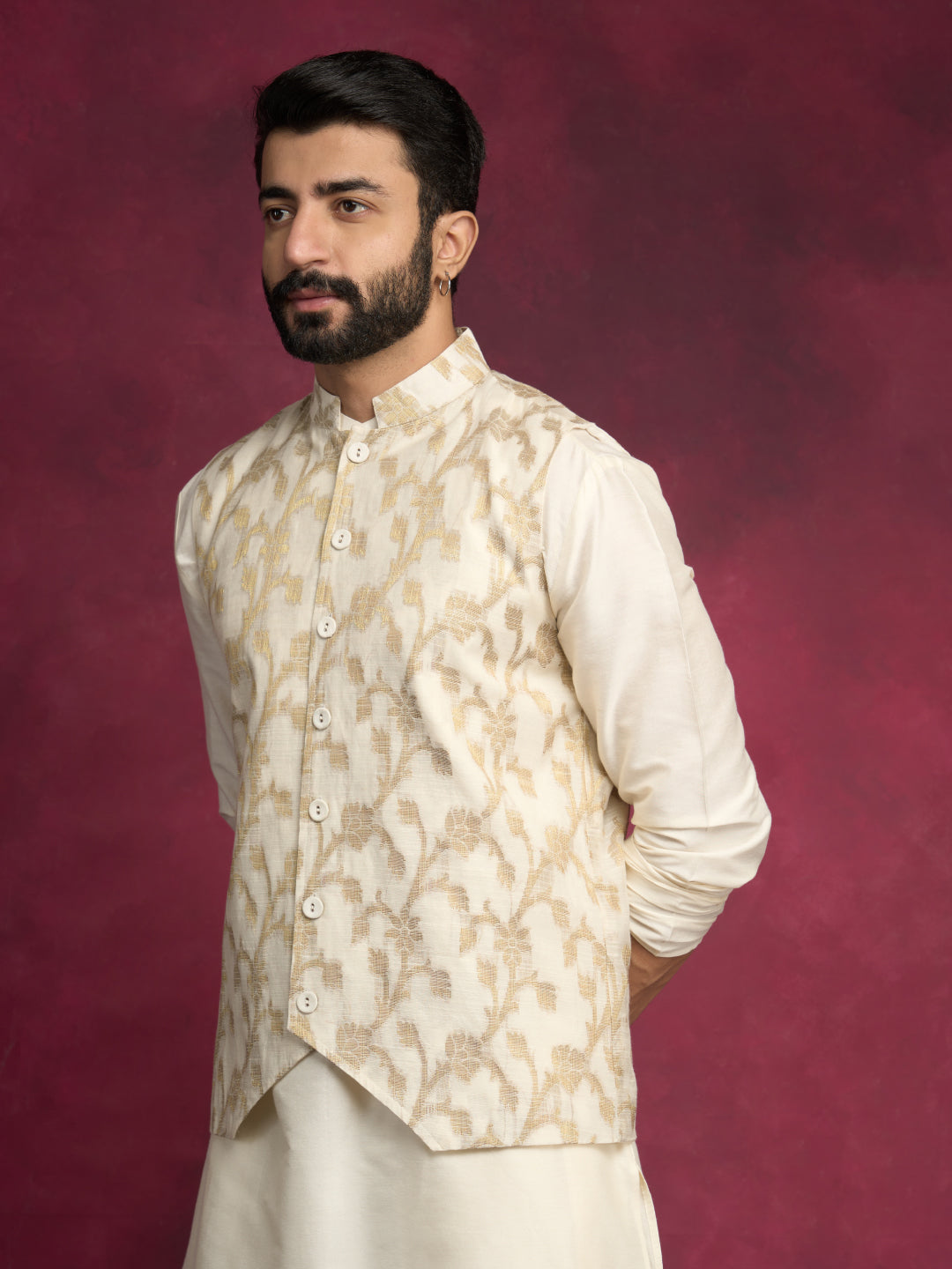 Straight kurta layered with Zari baswada jacket Set - Ivory