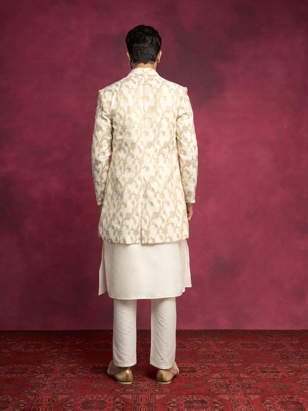 Straight kurta layered with long Zari baswada jacket paired with  straight pants - Ivory