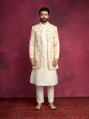 Straight kurta layered with long Zari baswada jacket paired with  straight pants - Ivory