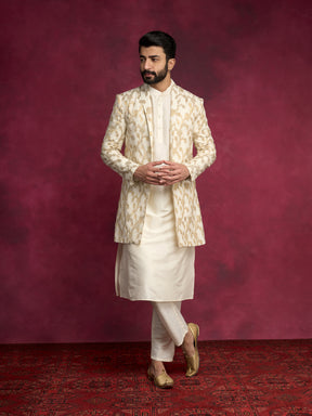 Straight kurta layered with long Zari baswada jacket paired with  straight pants - Ivory