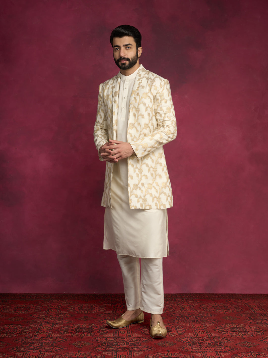 Straight kurta layered with long Zari baswada jacket paired with  straight pants - Ivory