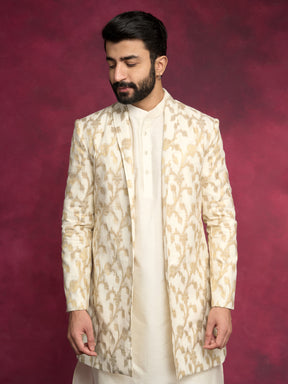 Straight kurta layered with long Zari baswada jacket paired with  straight pants - Ivory