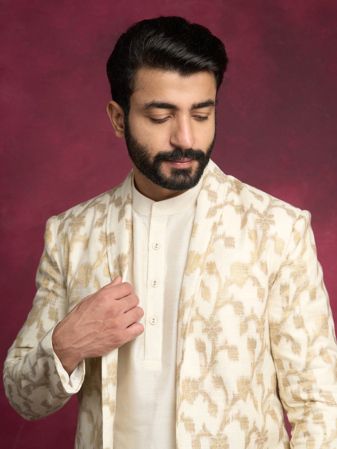 Straight kurta layered with long Zari baswada jacket paired with  straight pants - Ivory