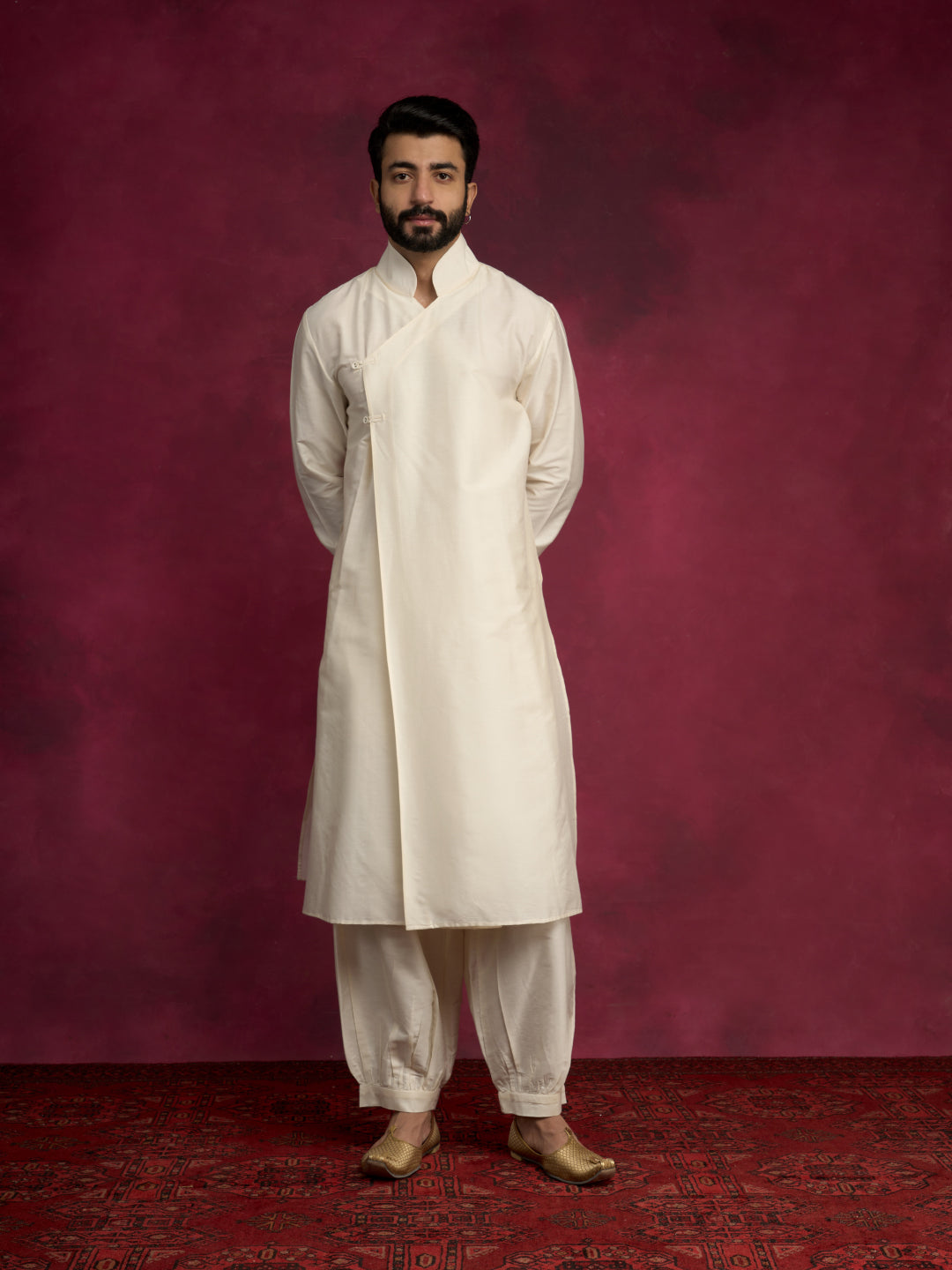 Overlap asymmetrical kurta paired with  pathani pants -  Ivory