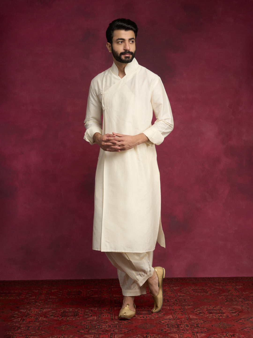 Overlap asymmetrical kurta paired with  pathani pants -  Ivory