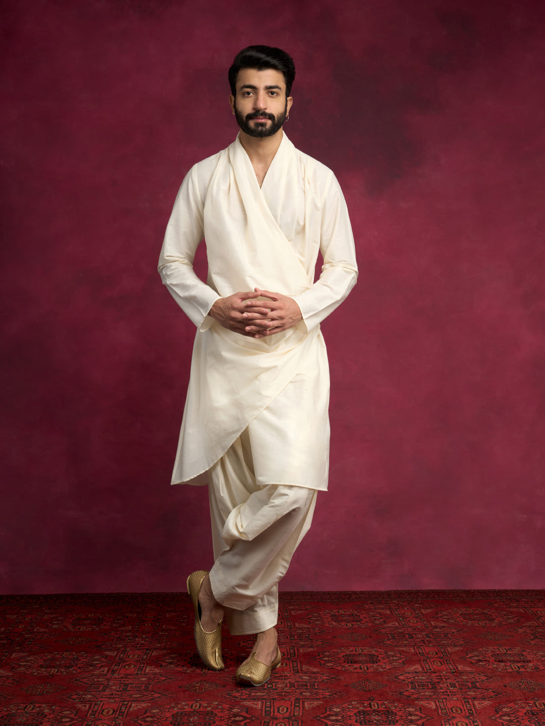 Cowl-draped asymmetric kurta paired with salwar pants - Ivory