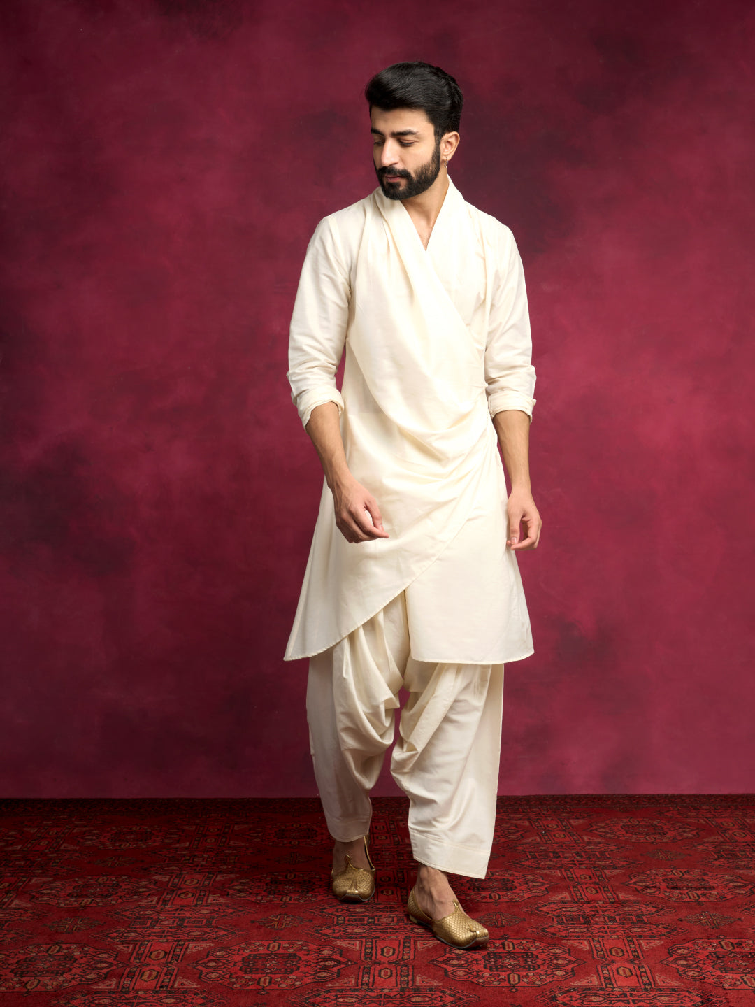 Cowl-draped asymmetric kurta- Ivory