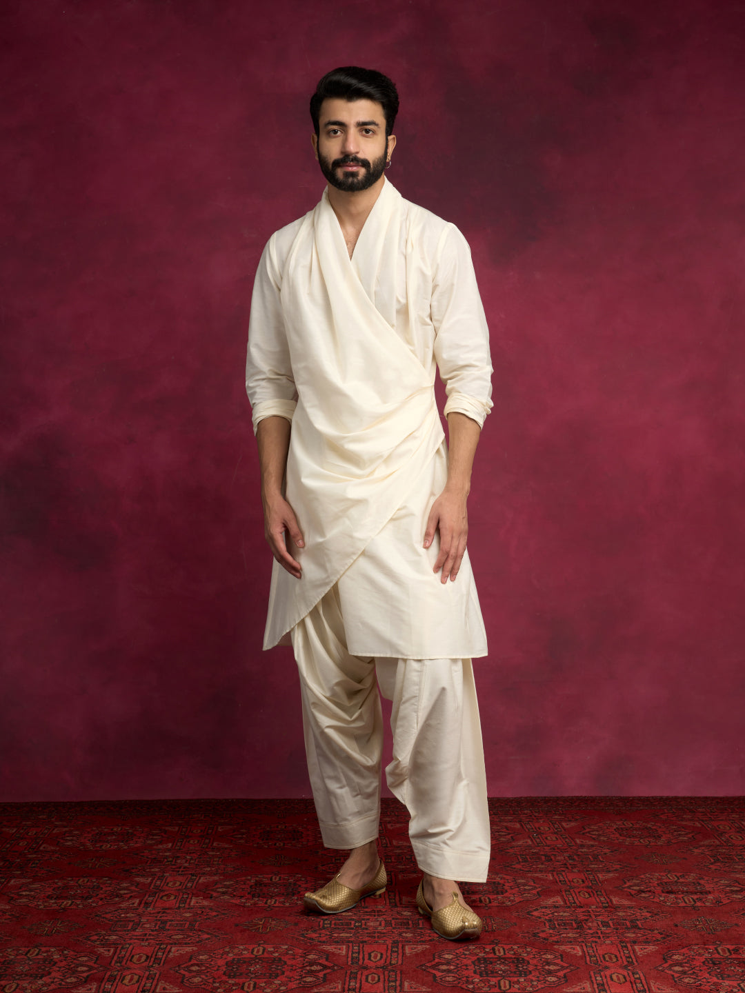 Cowl-draped asymmetric kurta- Ivory