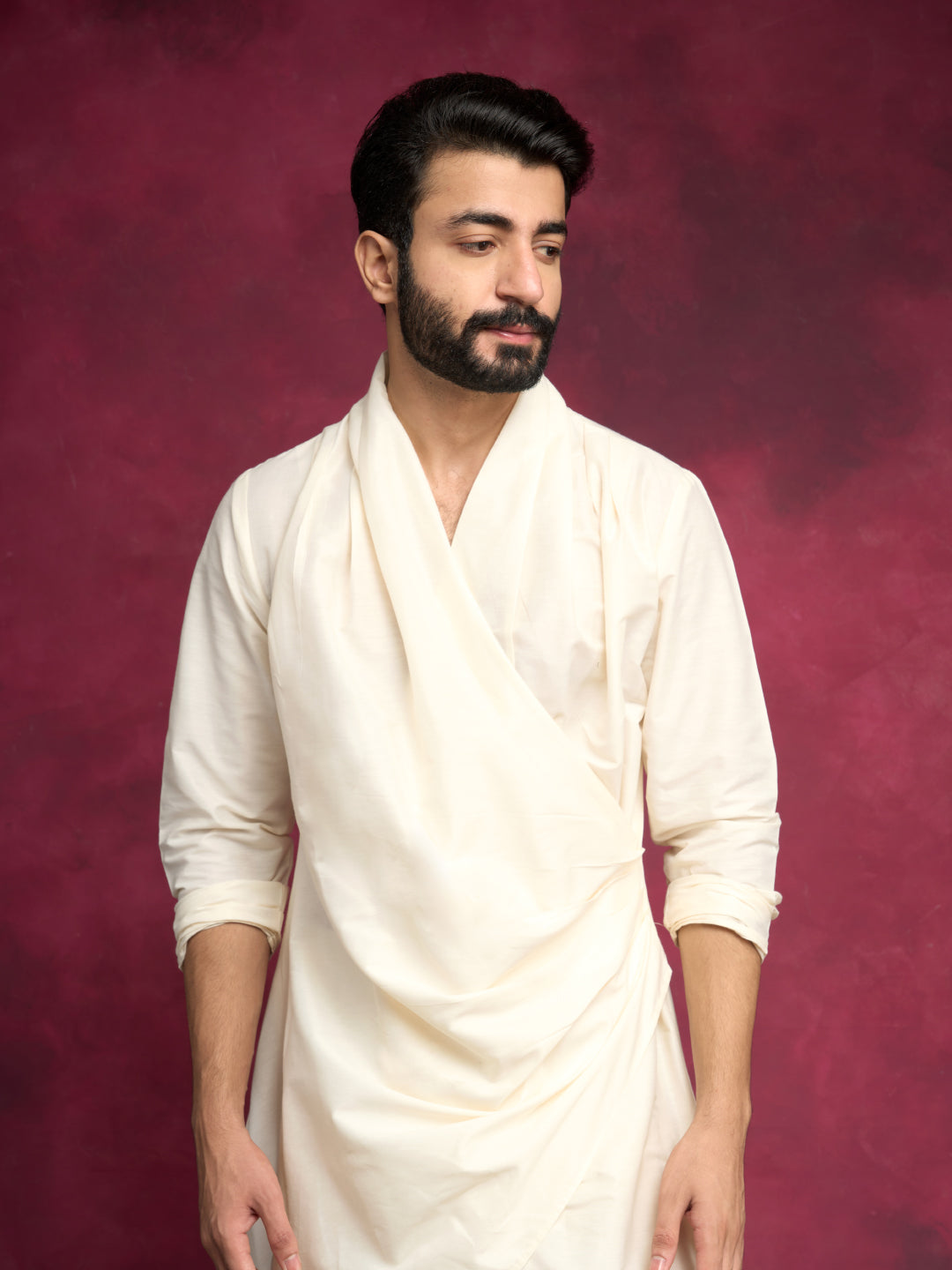 Cowl-draped asymmetric kurta- Ivory