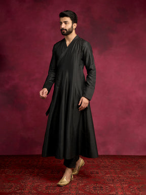 Paneled angrakha kurta Set - Rich black