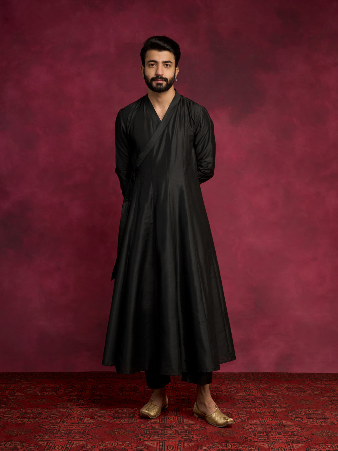 Paneled angrakha kurta paired with straight pants - Rich black