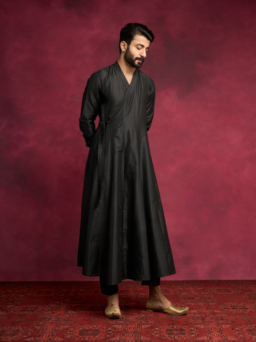 Paneled angrakha kurta Set - Rich black