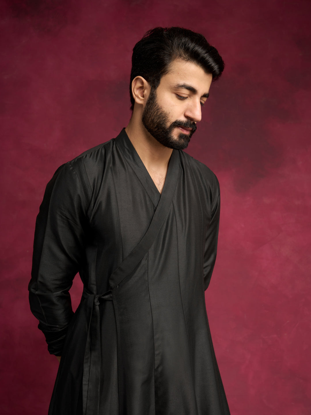 Paneled angrakha kurta Set - Rich black