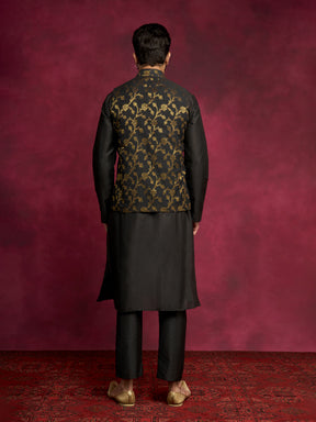 Straight kurta layered with Zari baswada jacket Set - Rich black