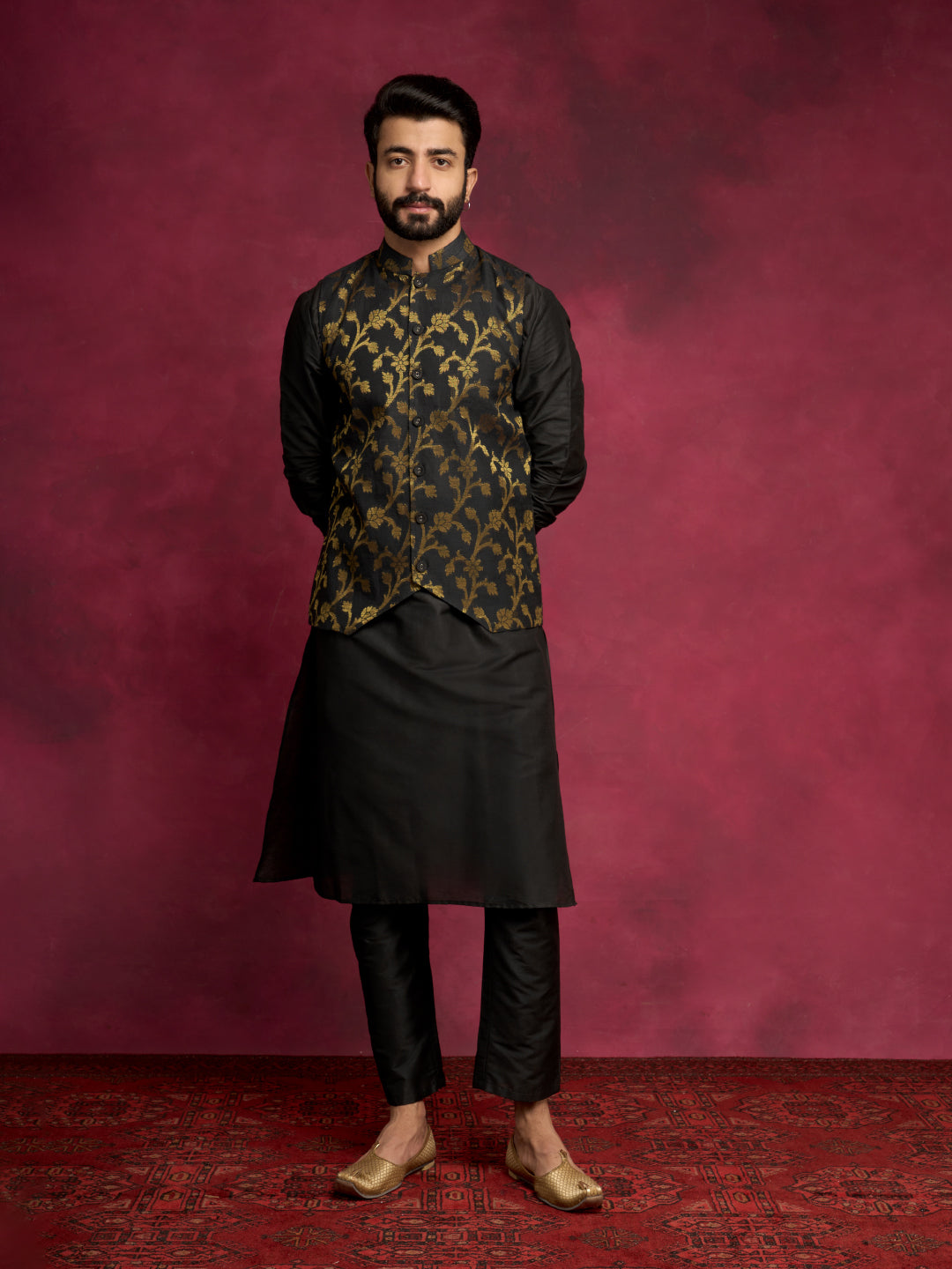 Straight kurta layered with Zari baswada jacket Set - Rich black