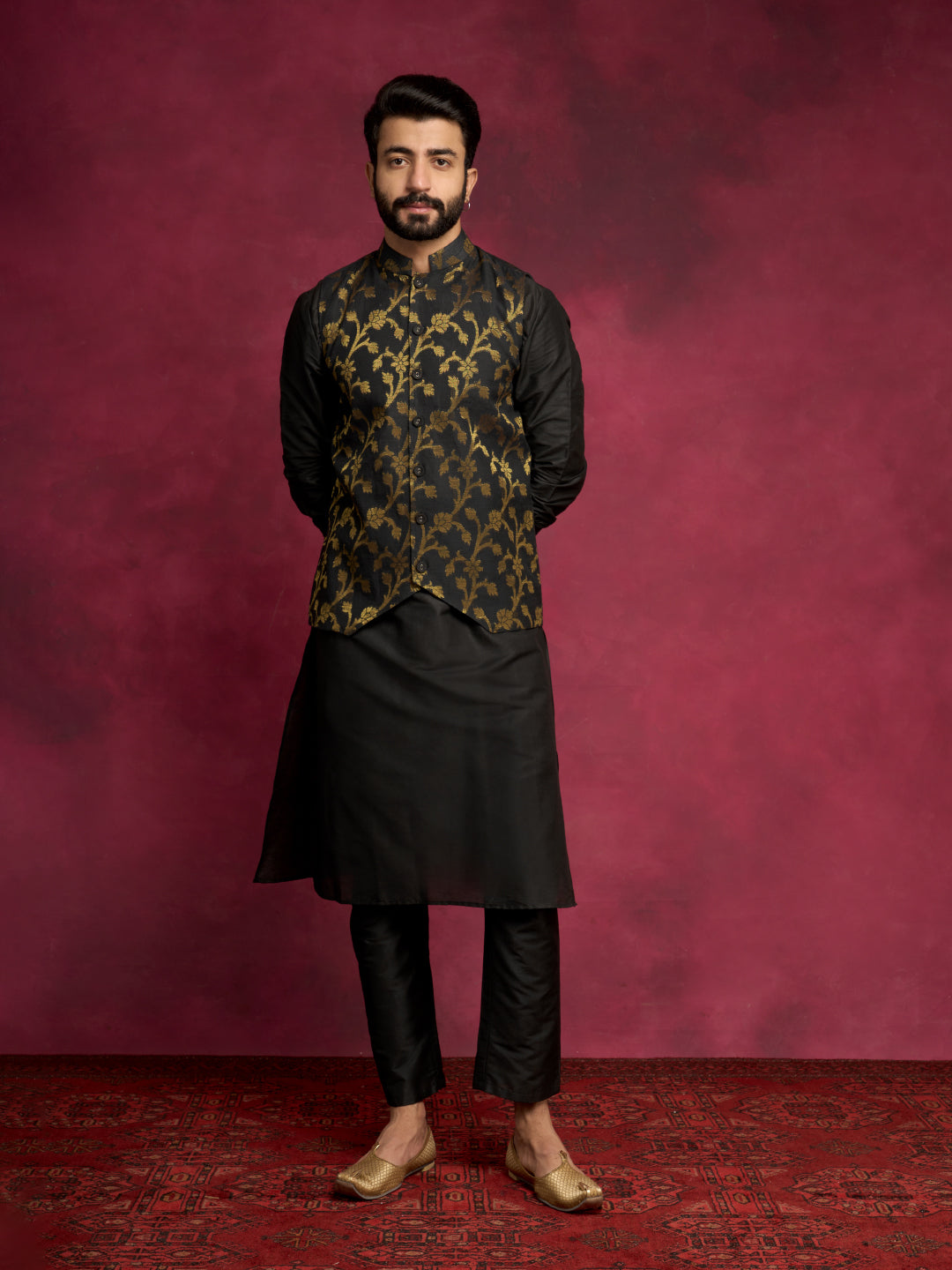 Straight kurta layered with Zari baswada jacket paired with  straight pants - Rich black