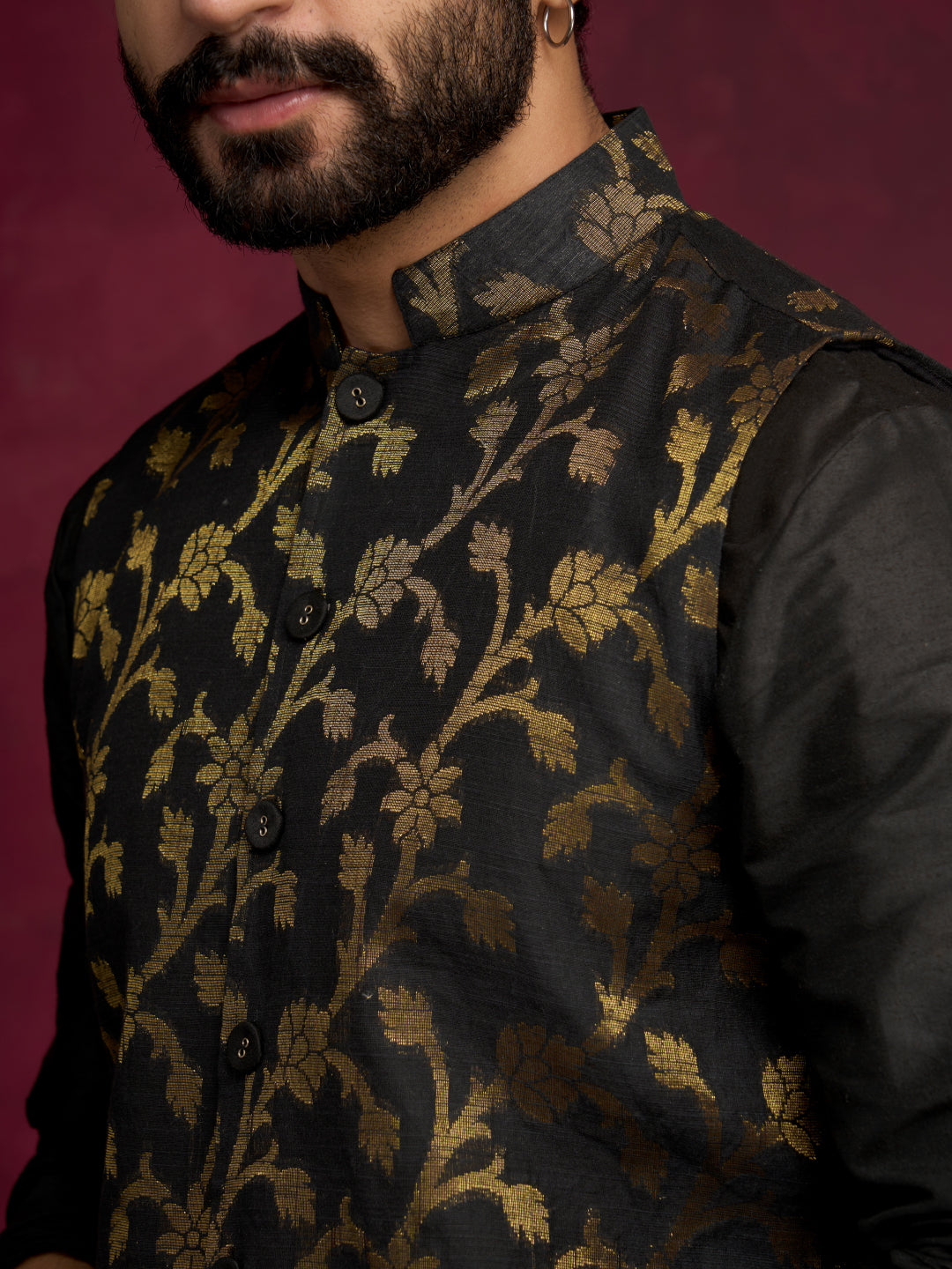 Straight kurta layered with Zari baswada jacket Set - Rich black