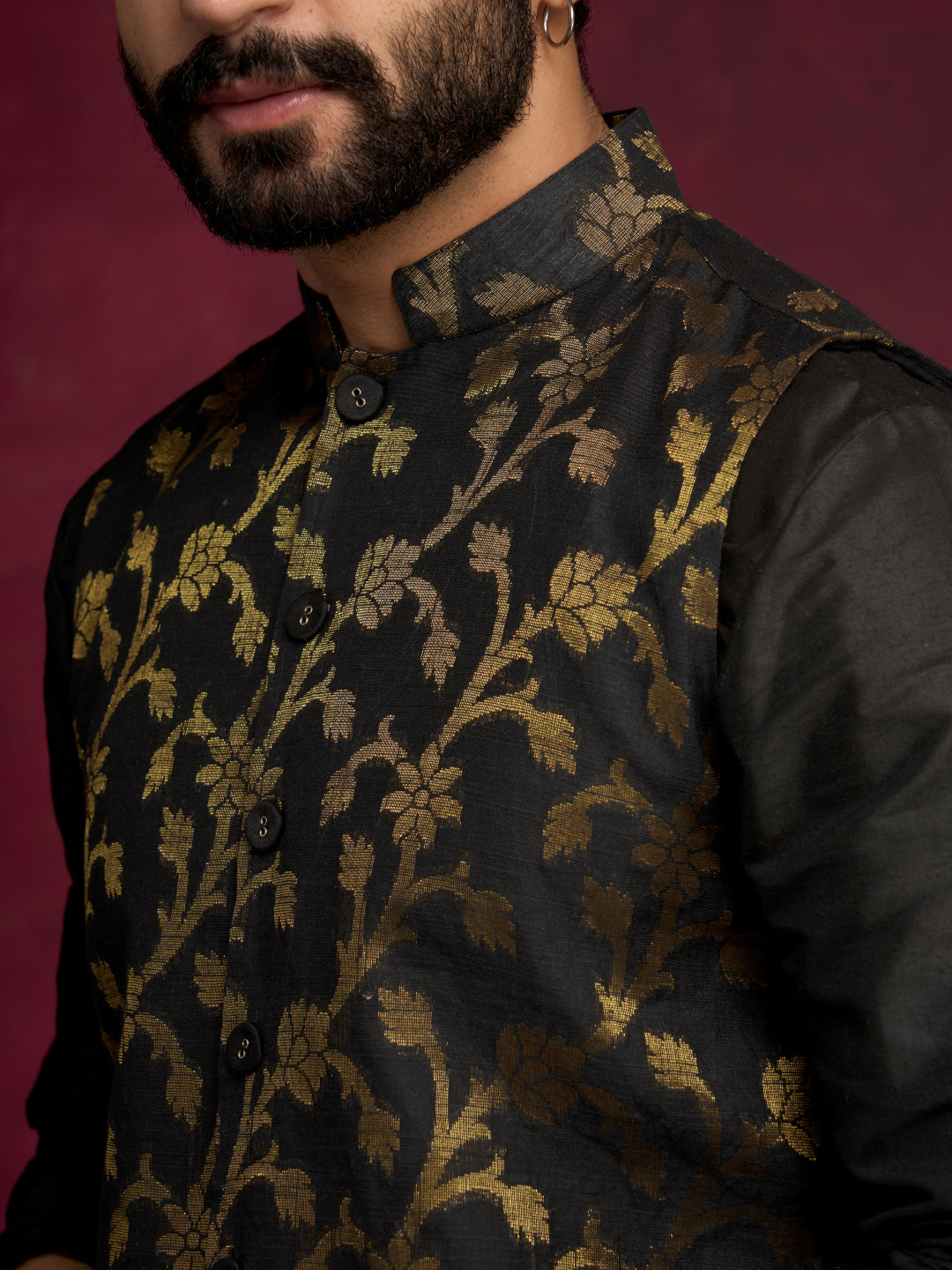 Straight kurta layered with Zari baswada jacket paired with  straight pants - Rich black