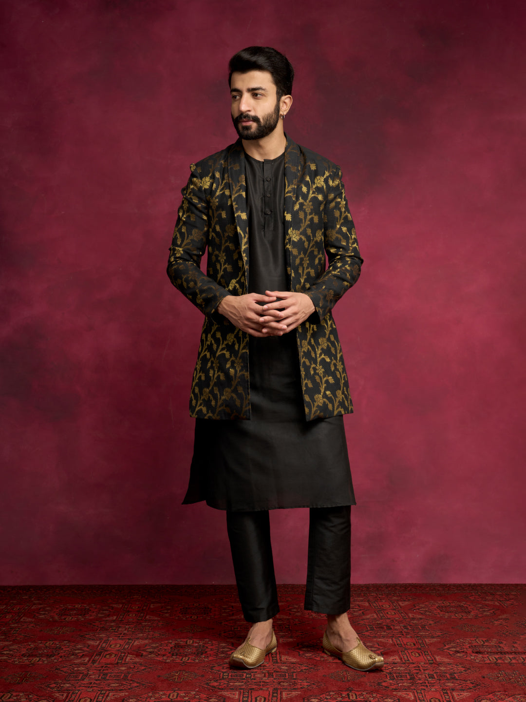 Straight kurta layered with long Zari baswada jacket Set - Rich black