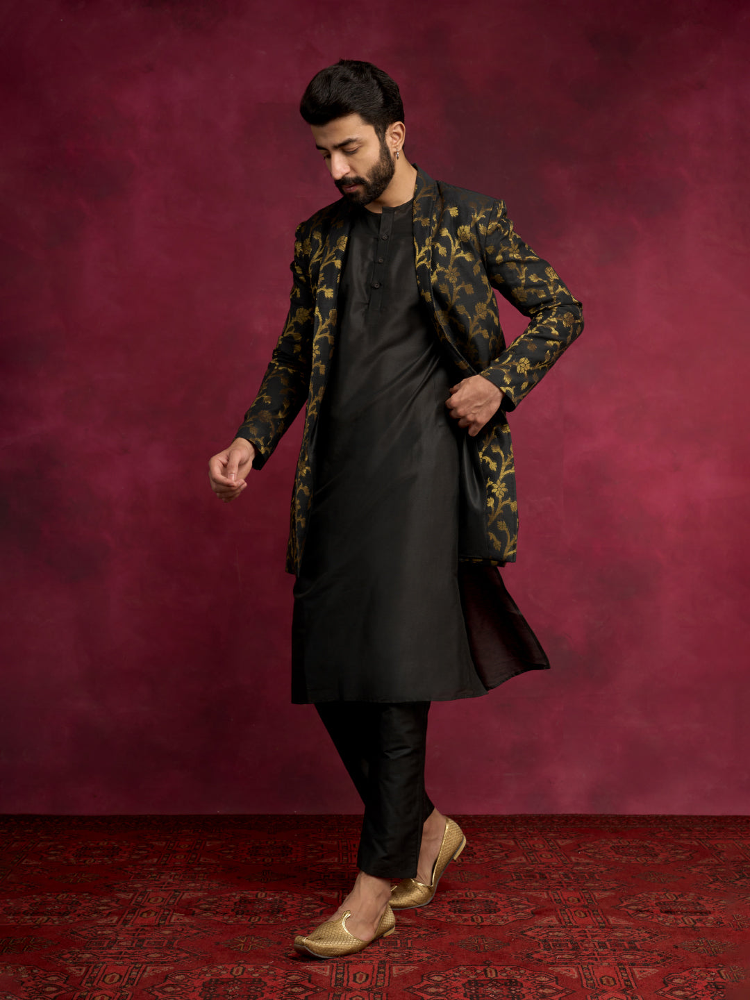 Straight kurta layered with long Zari baswada jacket Set - Rich black