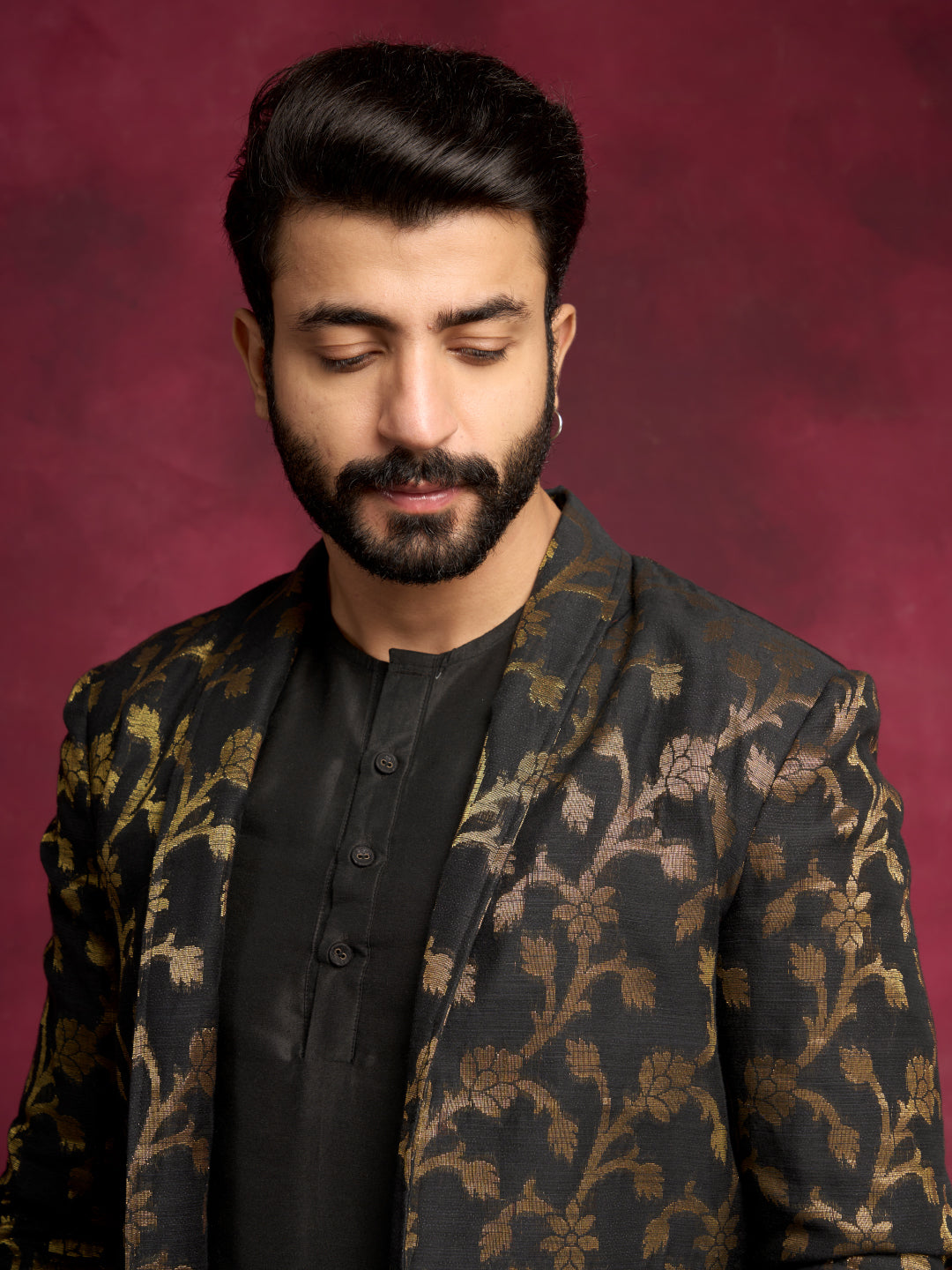 Straight kurta layered with long Zari baswada jacket paired with straight pants - Rich black
