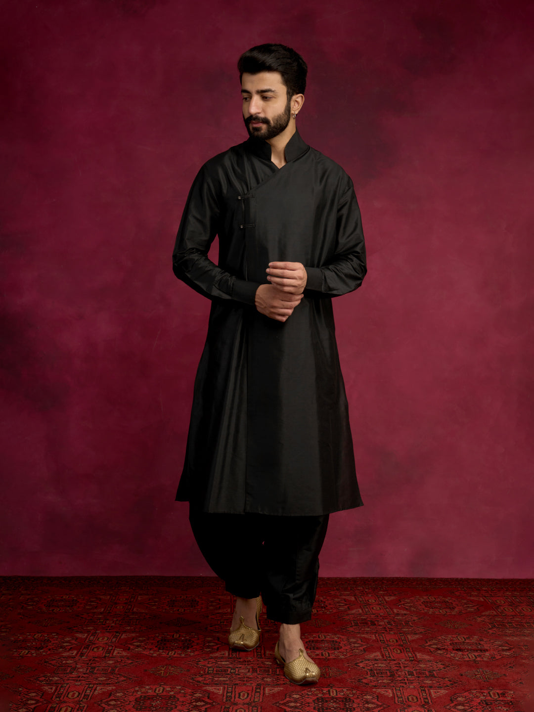 Overlap asymmetrical kurta Set - Rich black