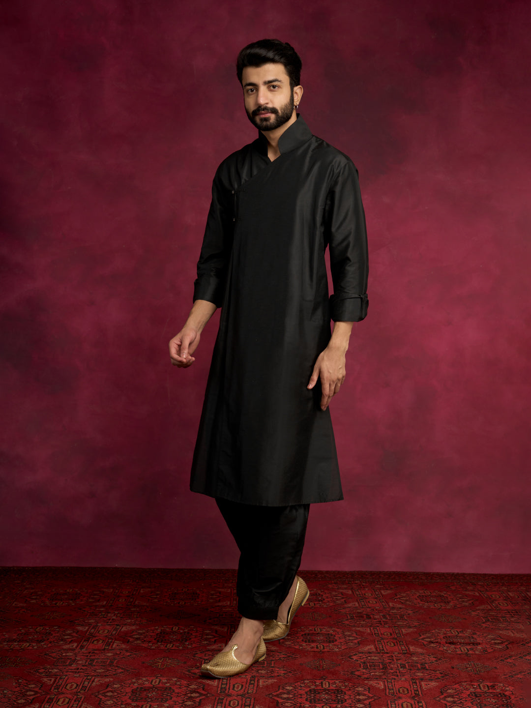 Overlap asymmetrical kurta paired with  pathani pants-  Rich black